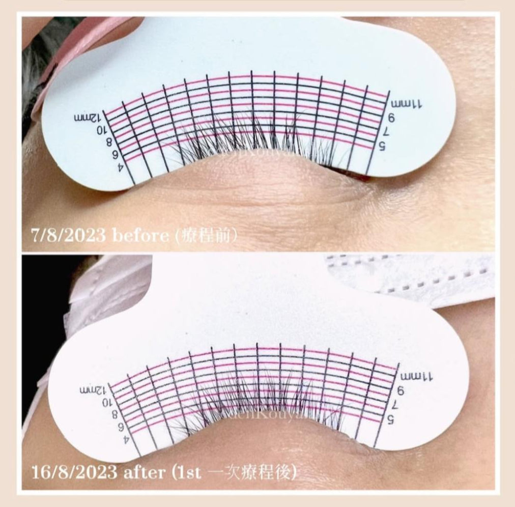 Eyelash extensions with measurement tools and 'EdenKouya Lash' branding.